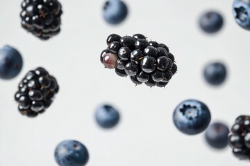 Poster - A cluster of blackberries suspended in mid-air, with some falling or about to fall