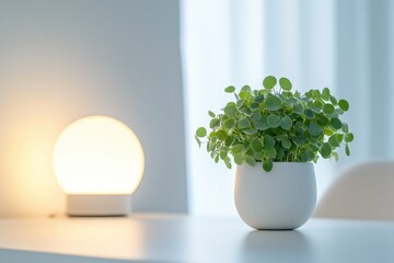 Wall Mural - A simple still life composition featuring a white vase with a plant on a table