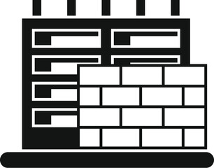 Poster - simple black silhouette of building under construction with brick wall and scaffolding