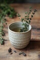 Poster - A small white bowl with a green plant sits on a wooden table, perfect for a minimalist home decor or a still life photograph