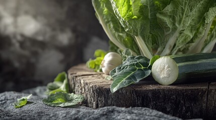 Poster - Fresh produce arranged on a rustic wooden surface, suitable for market or kitchen scene