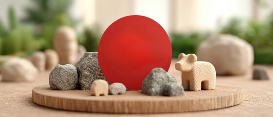Poster - Red egg placed on a rustic wooden table with natural lighting and a simple background