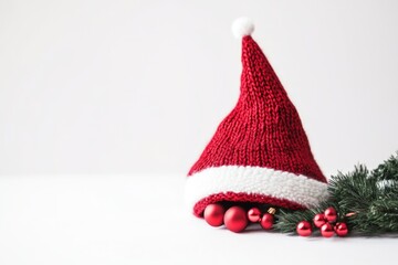 Poster - A cozy knitted Santa hat adorned with a fresh pine branch, perfect for winter scenes or holiday decorations