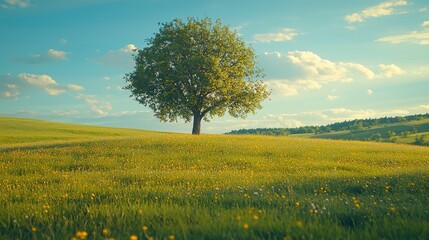 Aufkleber - A solitary tree rises in the center of a lush green meadow, surrounded by wildflowers. The sun casts a warm golden glow as clouds drift across the vivid blue sky, creating a peaceful atmosphere