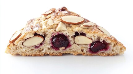 Poster - A beautifully decorated bakery display featuring a moist slice of cake topped with sliced almonds and cherries