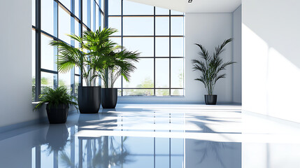 Wall Mural - Bright modern interior with large windows, potted plants, and natural sunlight casting shadows on the glossy floor.