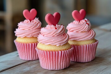 Aufkleber - A plate of three decorated cupcakes with pink frosting and red hearts on top
