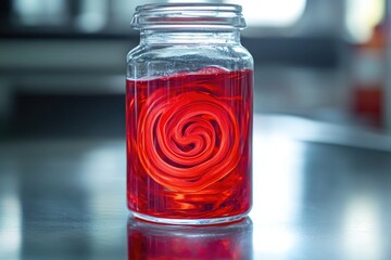 Poster - A glass jar filled with red liquid sits on a table