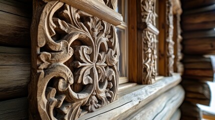 Poster - A close-up view of a wooden wall featuring intricate carvings