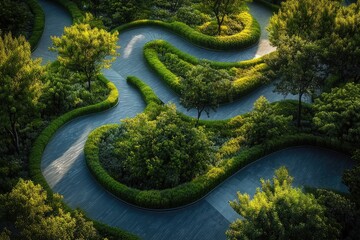 Poster - Aerial view of a winding road surrounded by trees, perfect for maps, travel or landscape illustrations