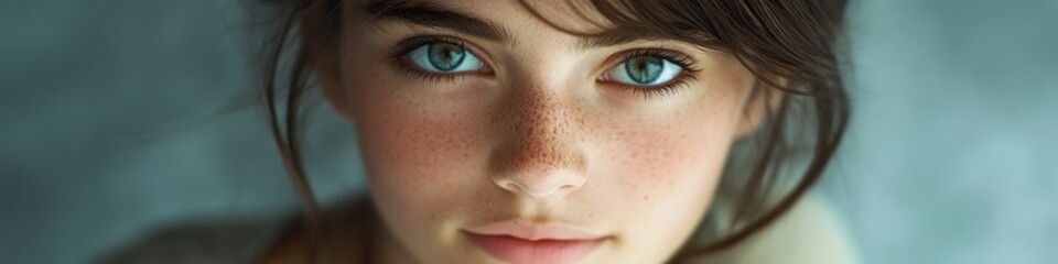 Poster - Close-up shot of a woman's face with freckles, suitable for portraits or beauty-related content