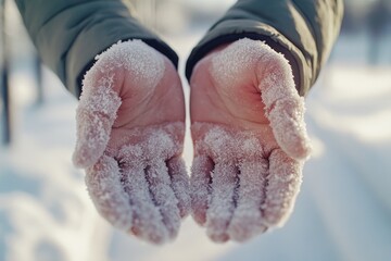 Poster - A person stands outside in snowy weather, holding out their hands to catch the falling snowflakes