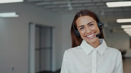 Poster - Friendly customer service representative wearing a headset smiles warmly, providing excellent support and creating a positive customer experience in slow motion