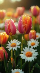 Wall Mural - Pink and Orange Tulips with White Daisies in Morning Dew