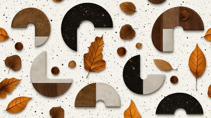 Poster - Pattern of various geometric shapes and leaves in different colors and textures on a solid background