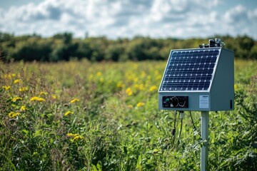 Poster - A single solar panel installed in the middle of a field, with green grass and blue sky