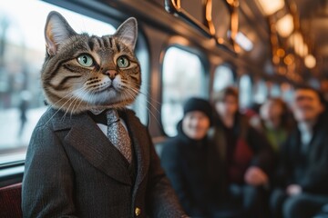 Poster - A sleek black cat dressed in a business suit and tie sits on a train, looking professional