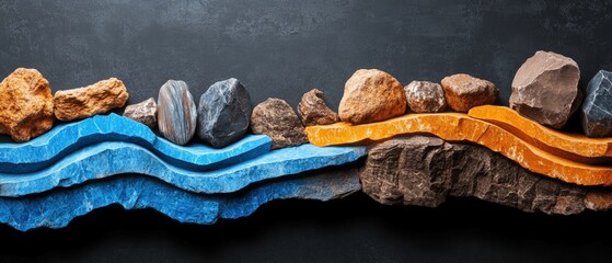 Poster - Group of rocks displaying blue and orange colors in natural outdoor setting under bright sunlight