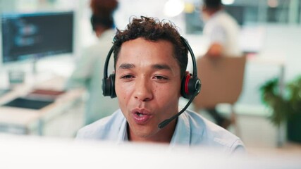 Aufkleber - Call center, face or man on computer in IT support for communication, software or customer service. Mic, talk or virtual assistant consulting online for technical solution, system update or advice