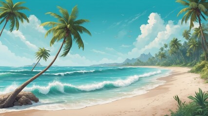 Wall Mural - calm tropical beach with palm trees and gentle waves under a blue sky during a sunny day