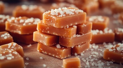 Poster - A pile of caramels sitting on a wooden table