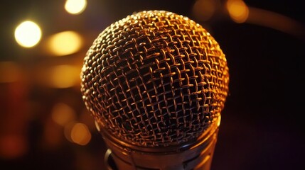 Wall Mural - A close-up shot of a microphone with colorful lights in the background, ideal for use in music or audio-related projects