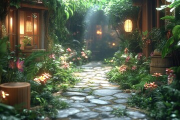 Wall Mural - Lush Tropical Garden Path with Stone Walkway and Lanterns