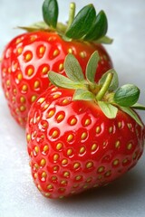 Poster - Fresh red strawberries with green leaves on a white surface