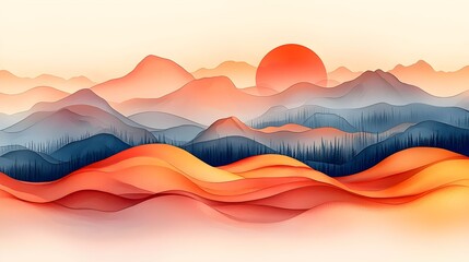 Wall Mural - A serene landscape illustration with rolling hills, layered mountains, and a vibrant sunset. Soft shades of red, orange, and blue create a tranquil atmosphere.