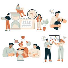 Wall Mural - Time Management with Man and Woman Organizing Efficient Business Process Vector Set