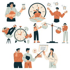 Aufkleber - Time Management with Man and Woman Organizing Efficient Business Process Vector Set