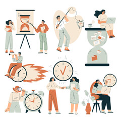 Aufkleber - Time Management with Man and Woman Organizing Efficient Business Process Vector Set