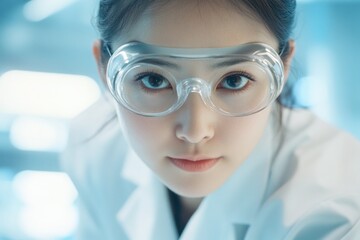 Poster - A scientist wearing a lab coat and goggles examines the camera lens