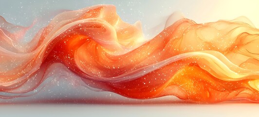 Poster - An ethereal wave of flowing fabric in rich oranges and soft whites, illuminated by a warm light, creating a dreamy and magical atmosphere with sparkling particles.
