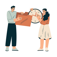 Aufkleber - Time Management with Man and Woman Character with Clock and Folder Organizing Efficient Business Process Vector Illustration