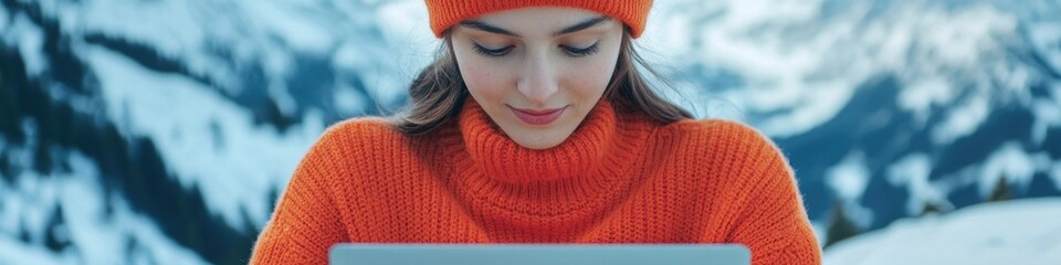 Poster - A woman examines her laptop with concern on her face