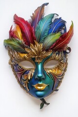Aufkleber - A detailed view of a mask adorned with colorful feathers, ideal for use in costumes or cultural performances