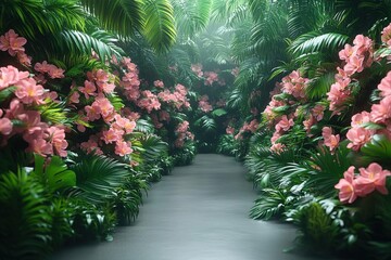 Canvas Print - Pathway Through Lush Pink Flowers and Tropical Greenery