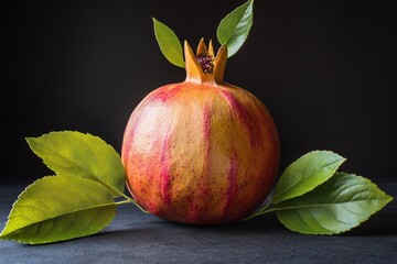Poster - A pomegranate fruit with leaves placed on a table, suitable for still life photography or culinary settings