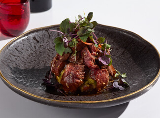 Sticker - Elegant Beef Tataki with Avocado Mousse on Textured Plate