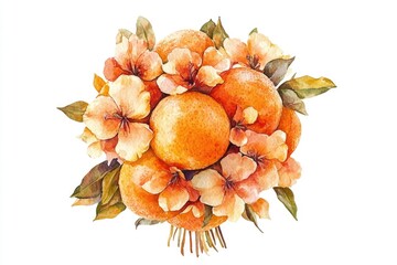 Wall Mural - Fresh bouquet of oranges and flowers on a simple white background, perfect for still life photography or design projects