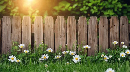 Poster - A rustic wooden fence stands tall, embracing a flourishing garden filled with bright daisies. The warm light of early evening illuminates the scene, creating a serene and inviting atmosphere