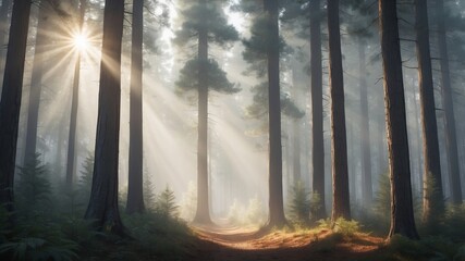 Poster - Rays of sunlight penetrate a tranquil forest during early morning hours creating a serene atmosphere