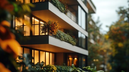 Wall Mural - High-rise residential building with lush greenery on balcony railings, ideal for architecture and urban landscape use