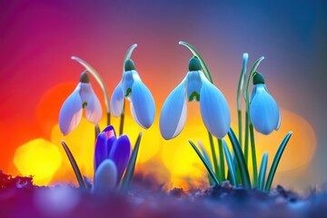 Wall Mural - Bright lights illuminate a cluster of snowdrops growing in the snowy landscape