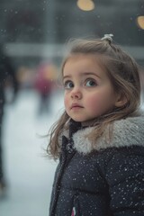 A young girl standing in the snow, bundled up and enjoying the winter weather