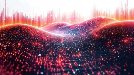 Aufkleber - Digital Abstract Landscape: A mesmerizing digital abstract landscape with a wave of red, orange, and blue particles, reminiscent of a cityscape in the distance.