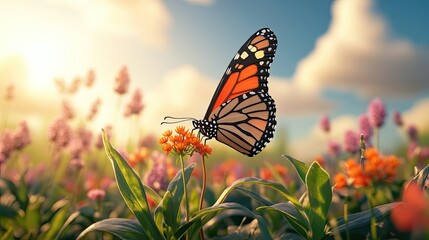 Poster - A serene image of a monarch butterfly sipping nectar from a small