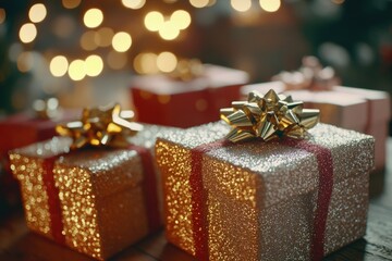 Poster - A close-up view of two gift boxes on a table, wrapped in paper and bows