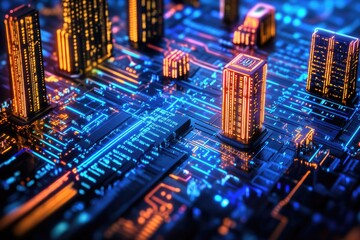 Poster - A close-up view of a cityscape on a digital circuit board